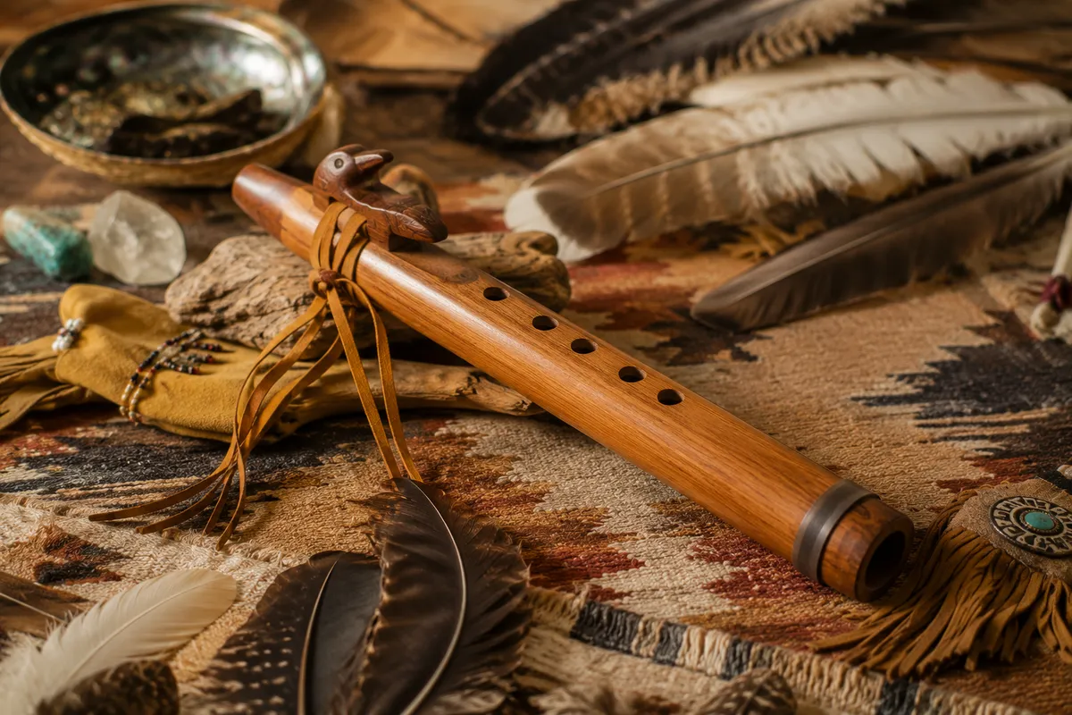 Detalle de flauta nativa americana con tótem tallado, plumas y flecos de cuero