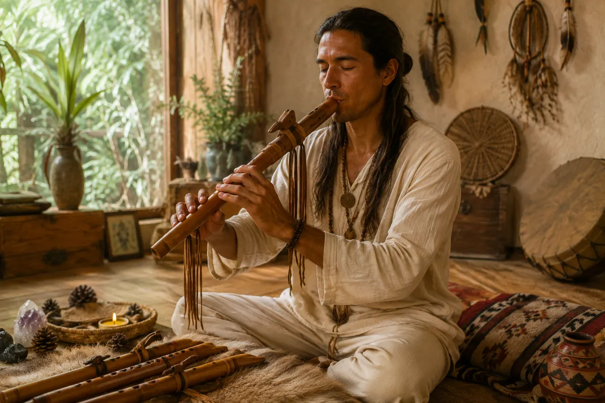 Hombre tocando flauta nativa americana en círculo de meditación en interior con tambores y atrapasueños