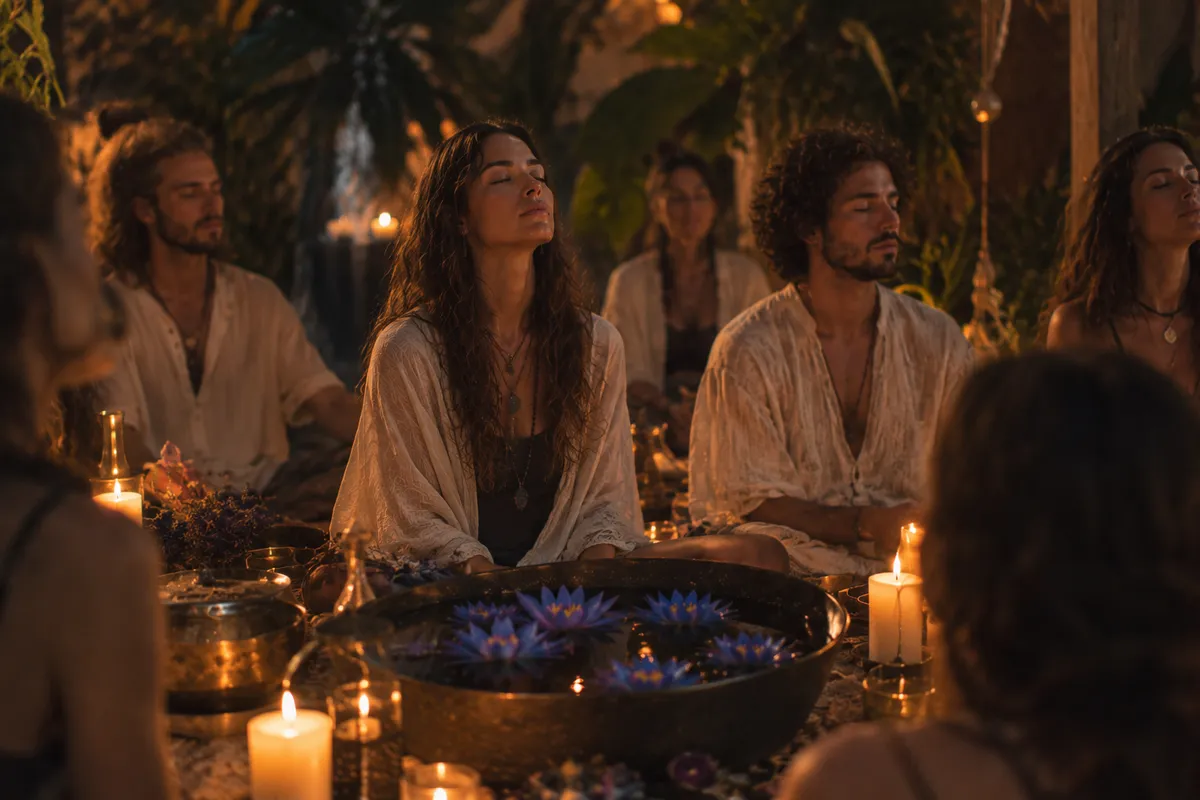 Círculo de meditación grupal en exterior con un cuenco de flores de loto azul en el centro, rodeado de velas