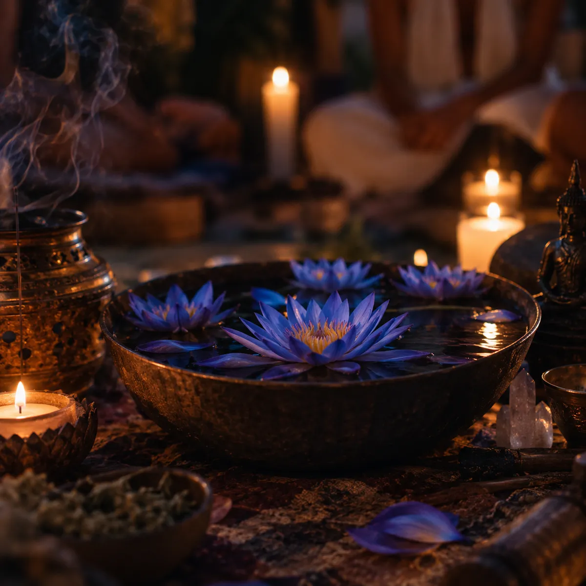 Flores de loto azul flotando en un cuenco ceremonial, rodeadas de velas encendidas