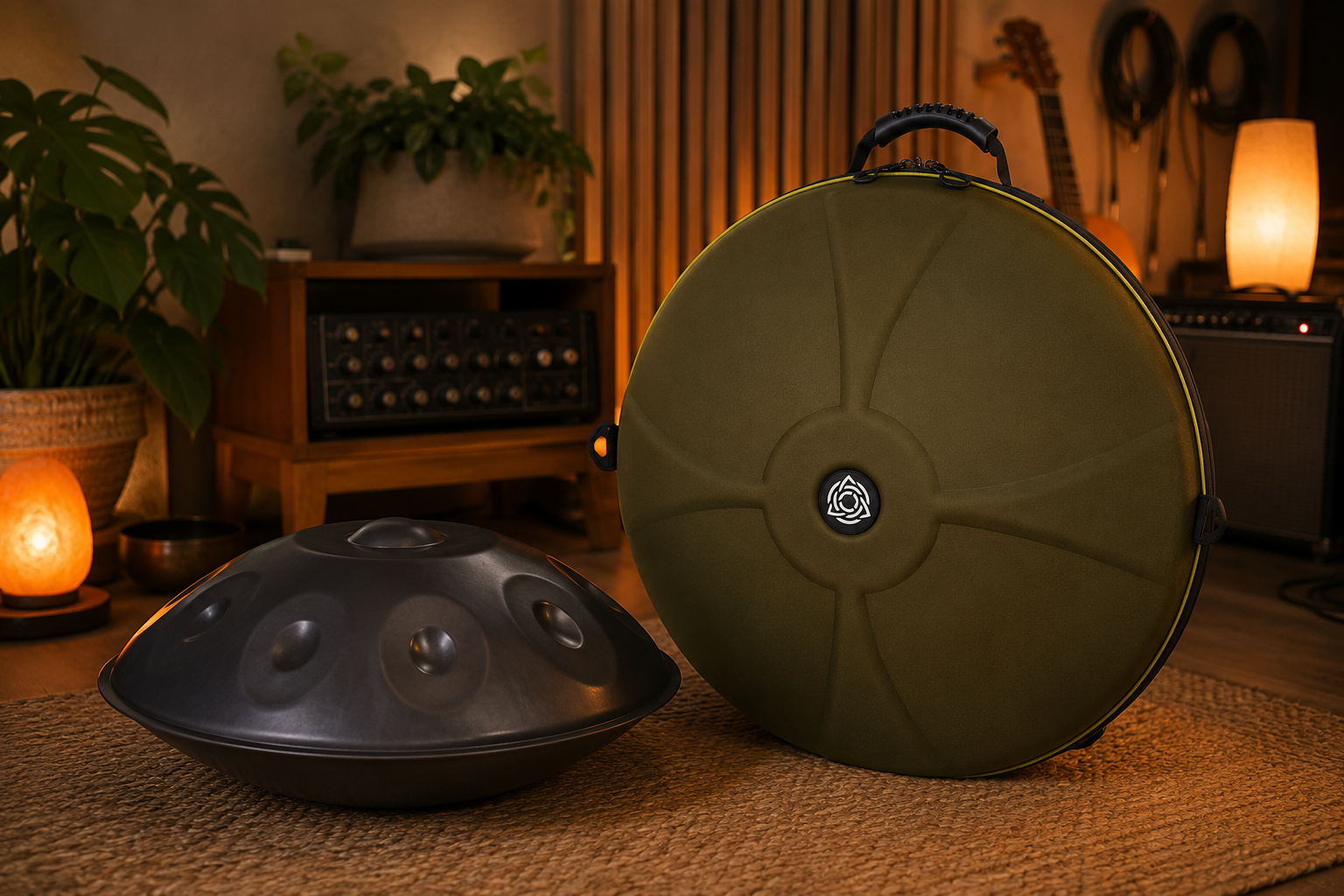 Handpan negro junto a hardcase verde oliva con asa en sala de ambiente cálido con plantas