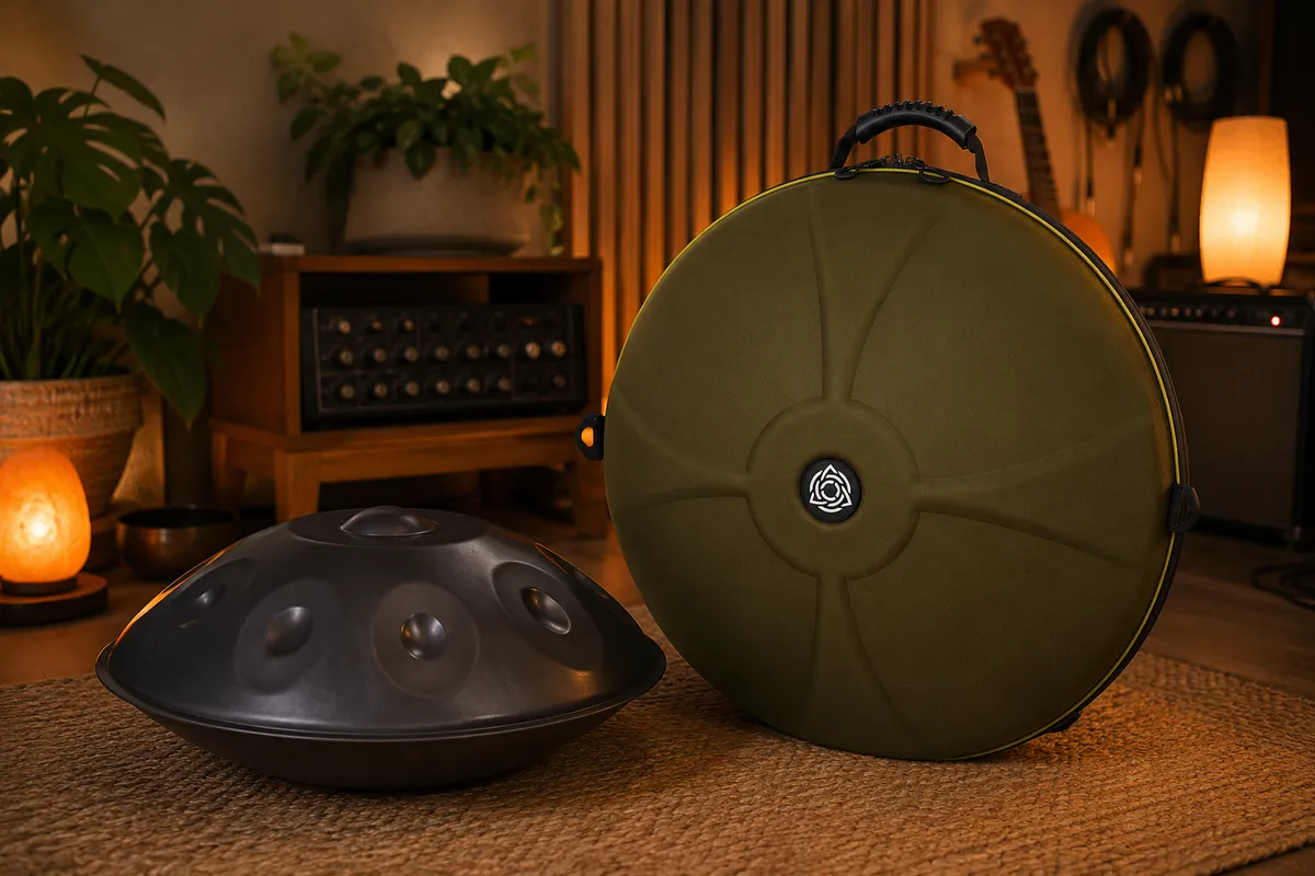 Músico tocando handpan con hardcase al lado en sala de estudio