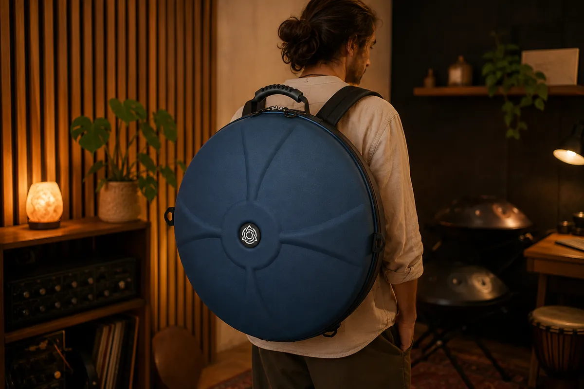 Hombre transportando funda de handpan azul en formato mochila por sala de música