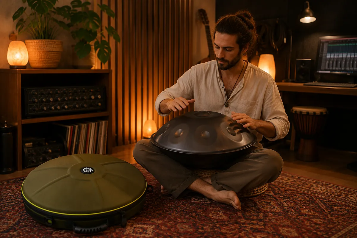 Músico tocando handpan con el hardcase al lado en sala de estudio, listo para transportar