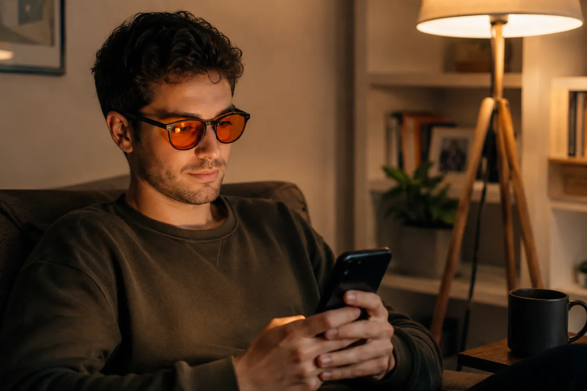 Hombre con gafas de luz roja mirando el móvil en el salón de noche, reduciendo exposición a luz azul antes de dormir