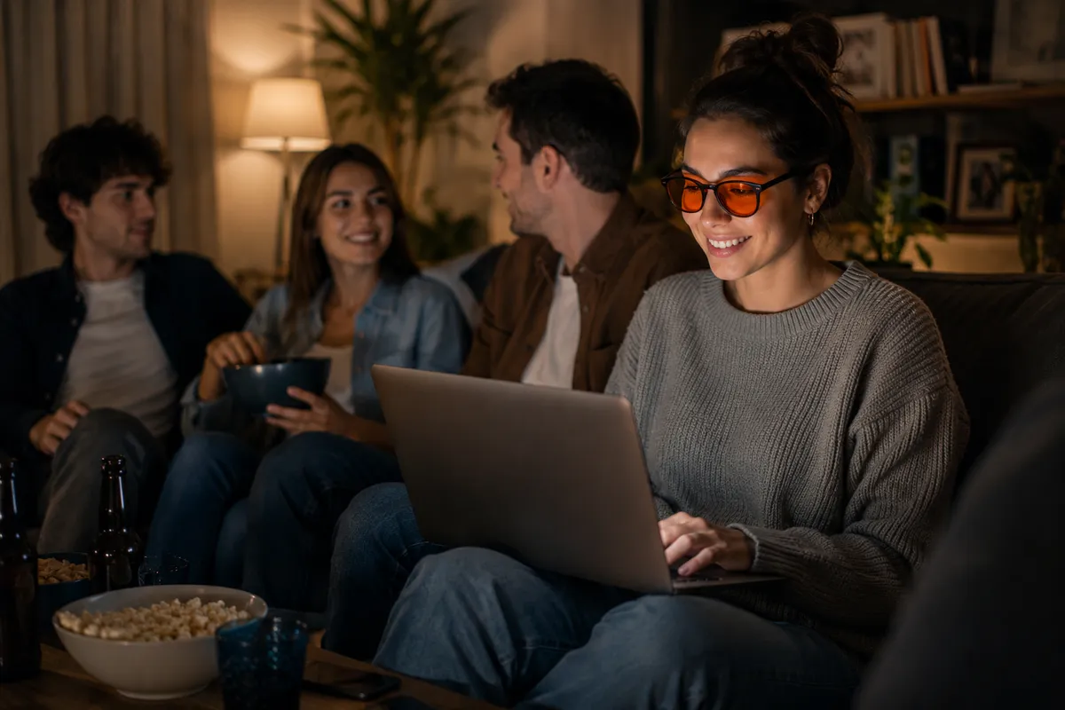 Mujer con gafas de luz roja en el sofá con amigos por la noche, usando el portátil sin interrumpir el ritmo circadiano