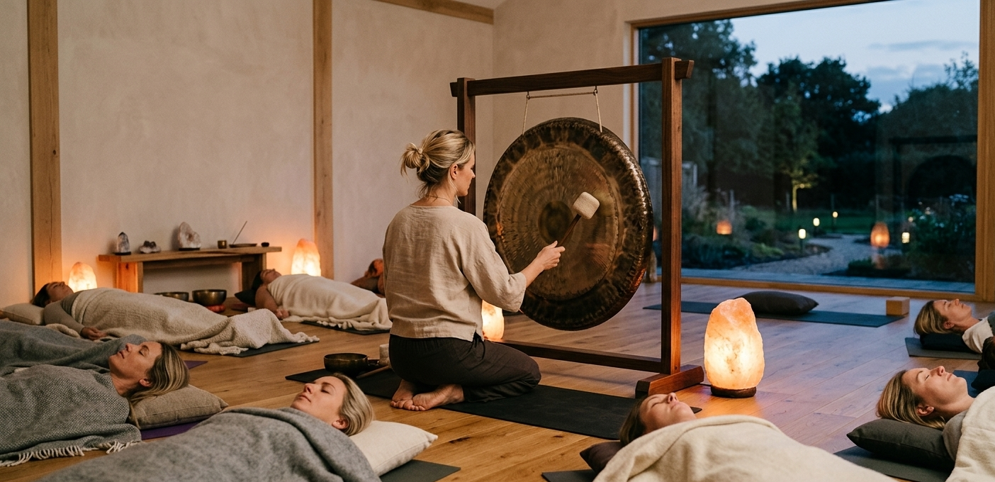 Facilitadora tocando gong con maza durante baño de sonido con velas y grupo tumbado