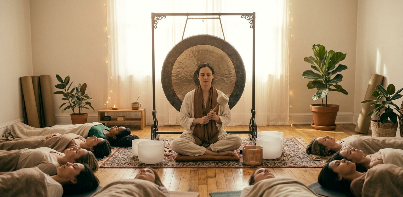 Facilitadora frente a gong oscuro con cuencos de cuarzo y grupo en sesión de sonoterapia interior