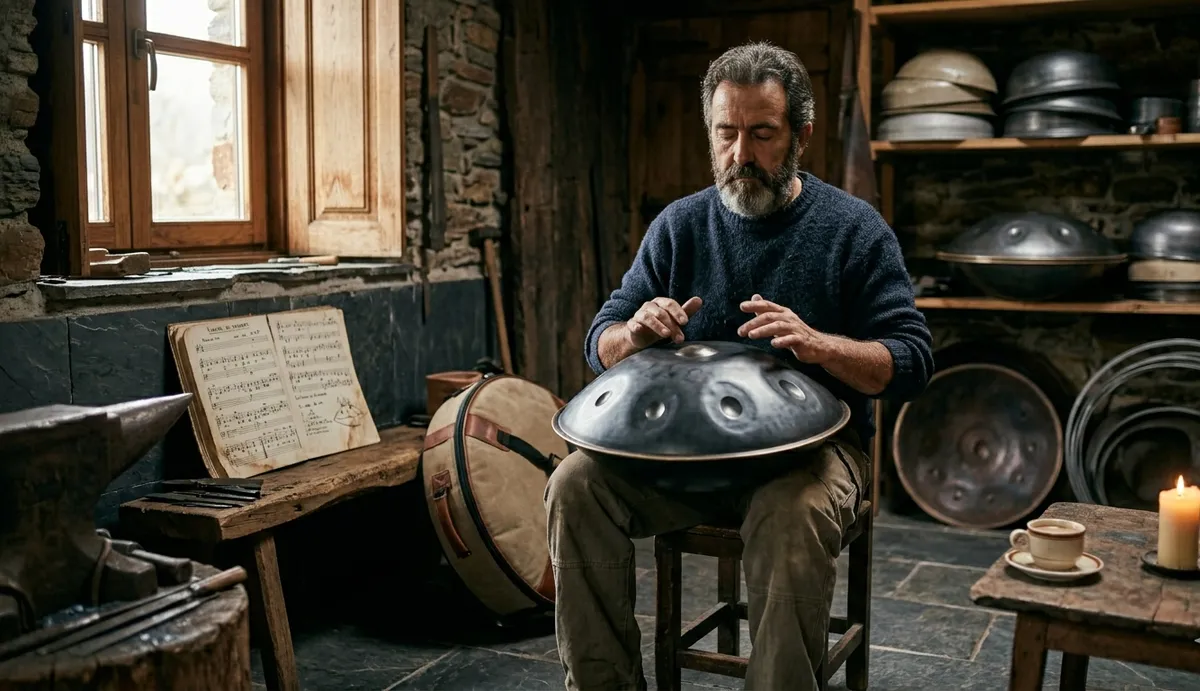 Artesano ajustando y afinando un handpan en su taller rústico con instrumentos al fondo