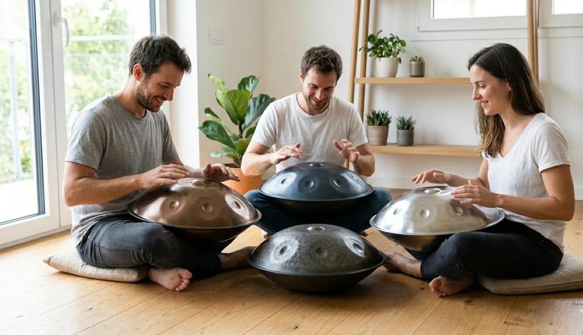 Tres personas comparando diferentes modelos de handpan sentados en el suelo de una sala