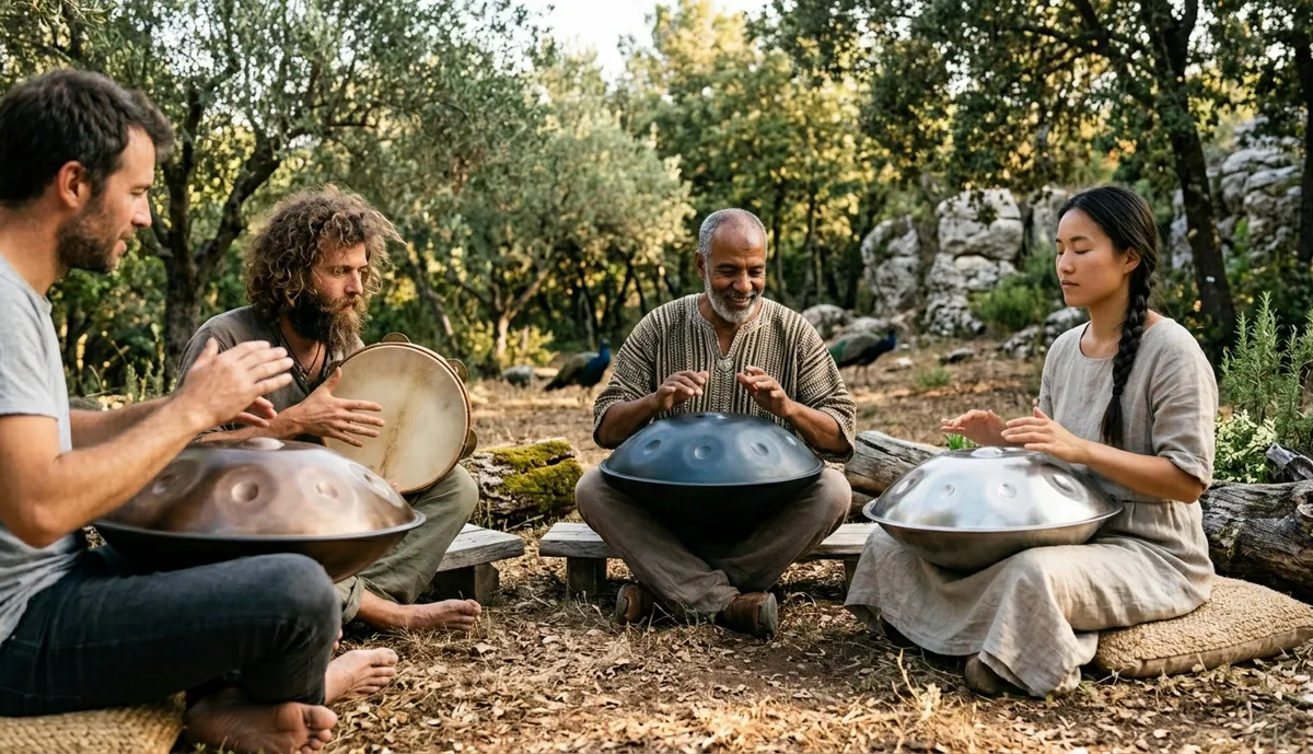 Grupo tocando handpan en exterior — uso del instrumento en sesiones y círculos