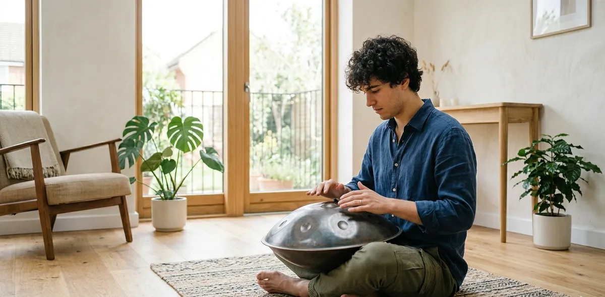 Hombre joven tocando un handpan en sala — aprendizaje de escalas y técnica
