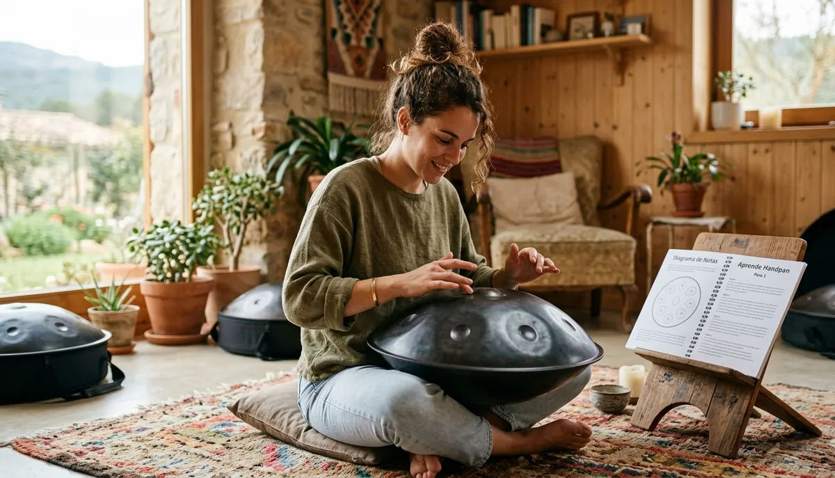 Mujer aprendiendo a tocar el handpan con una partitura de referencia en una sala acogedora con plantas