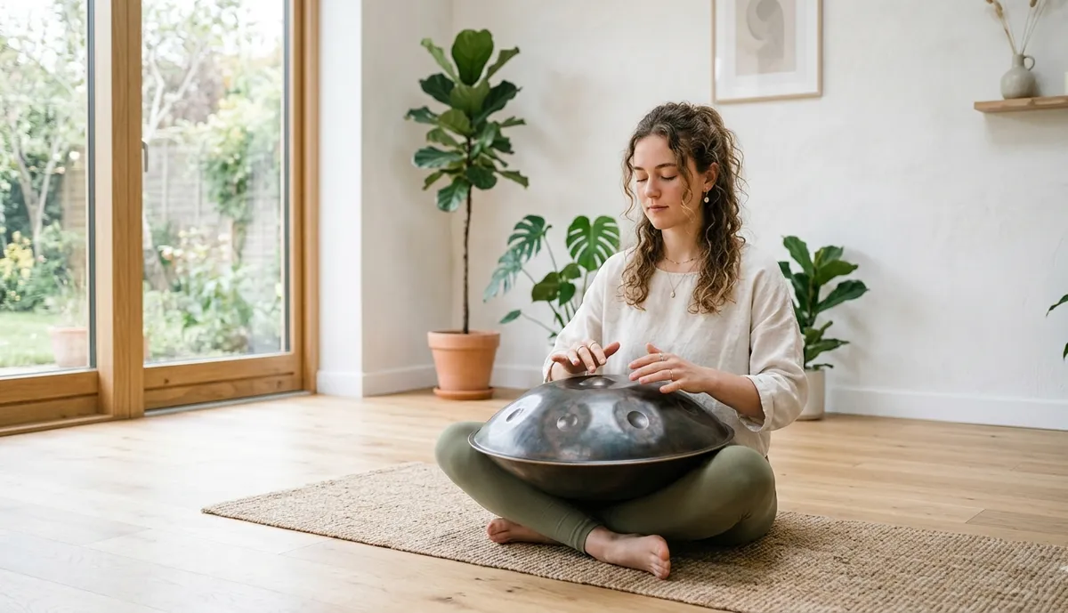 Mujer sentada en el suelo tocando un handpan en una sala interior luminosa con plantas