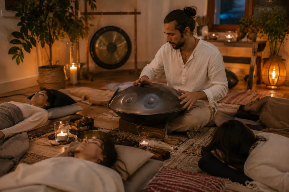 Músico tocando handpan artesanal en sesión de sound healing con velas y gong