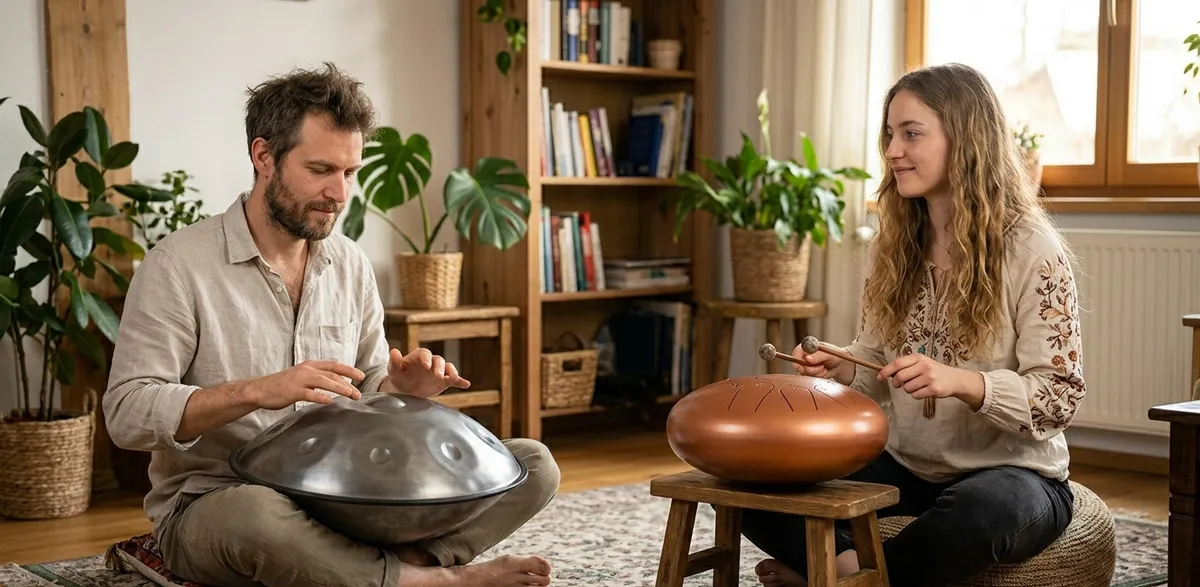 Hombre tocando handpan y mujer tocando tambor de lengüeta juntos en sala, ilustrando el uso en sonoterapia y meditación