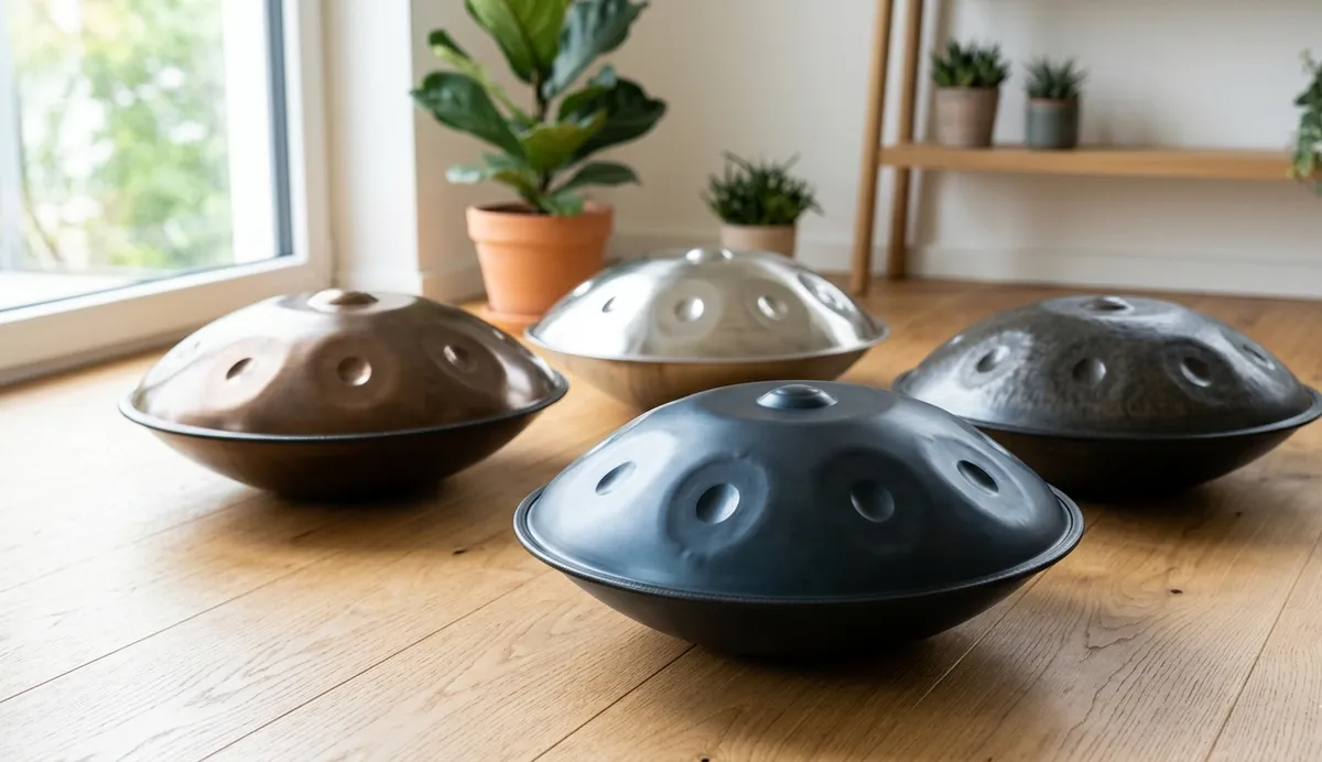Cuatro handpans de distintos acabados y materiales —nitrurado, inoxidable, ember— sobre un suelo de madera