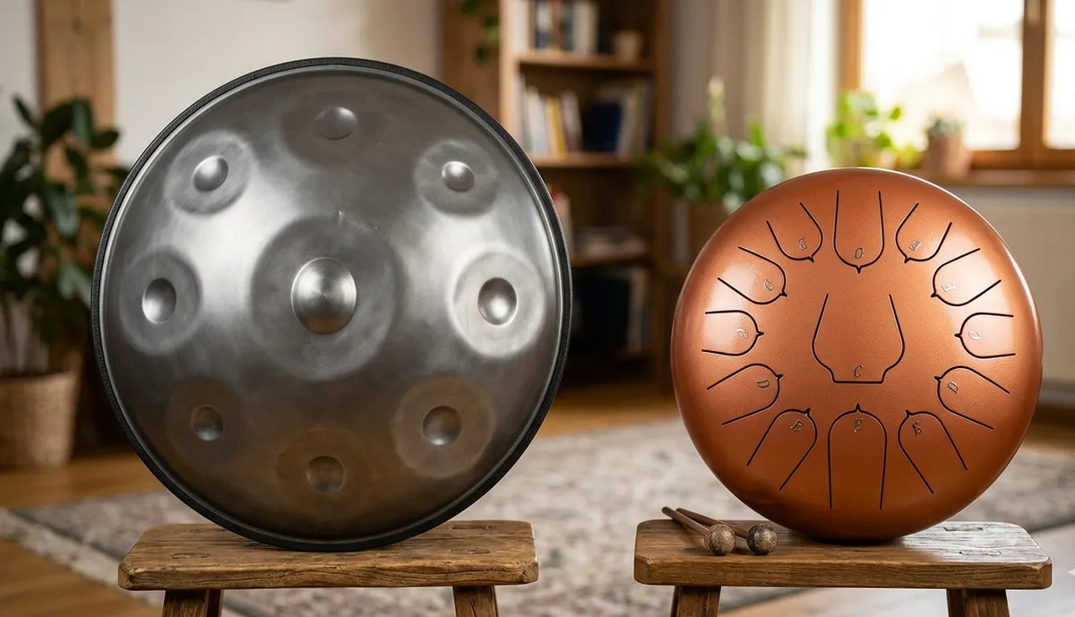 Handpan plateado y tambor de lengua cobre colocados frente a frente sobre bancos, comparativa visual de los dos instrumentos
