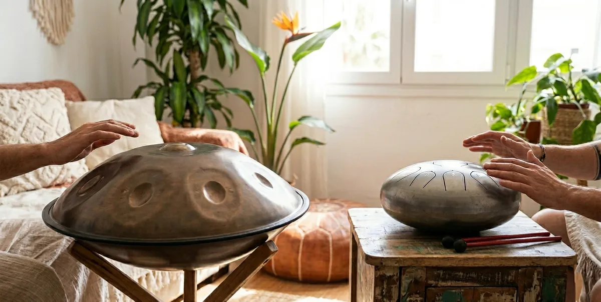 Handpan oscuro y tambor de lengua dorado colocados juntos en sala luminosa con plantas, comparativa de ambos instrumentos