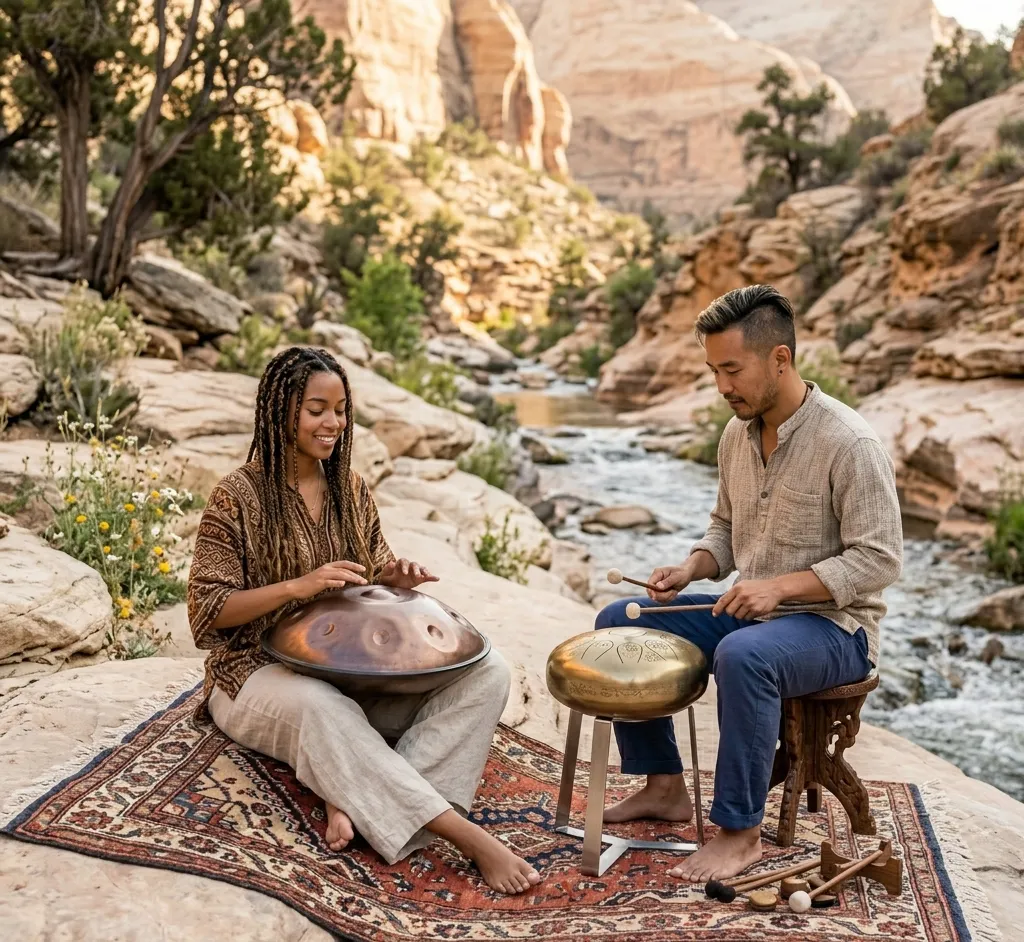 Mujer tocando handpan y hombre tocando tambor de lengua con baqueta en paisaje rocoso junto a un río