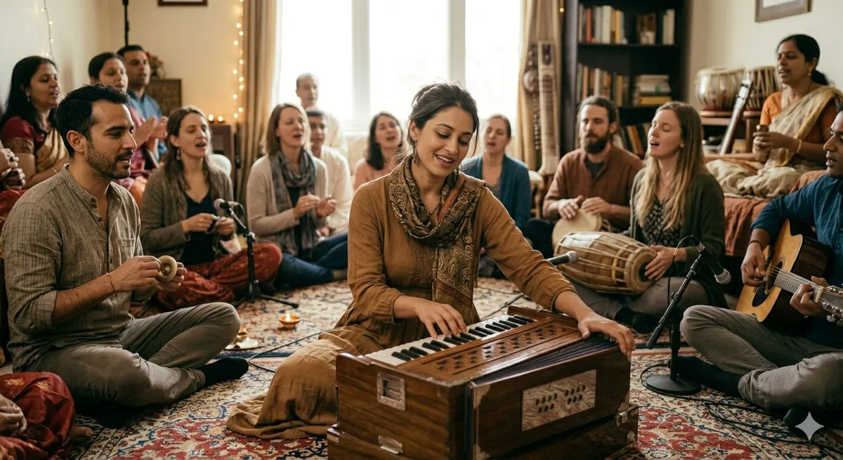 Mujer facilitando kirtan grupal tocando harmonium con grupo de personas cantando en sala interior