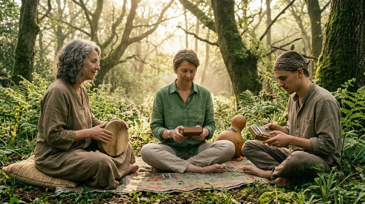 Tres personas sentadas en el bosque tocando kalimba y cuencos en sesión de meditación al aire libre