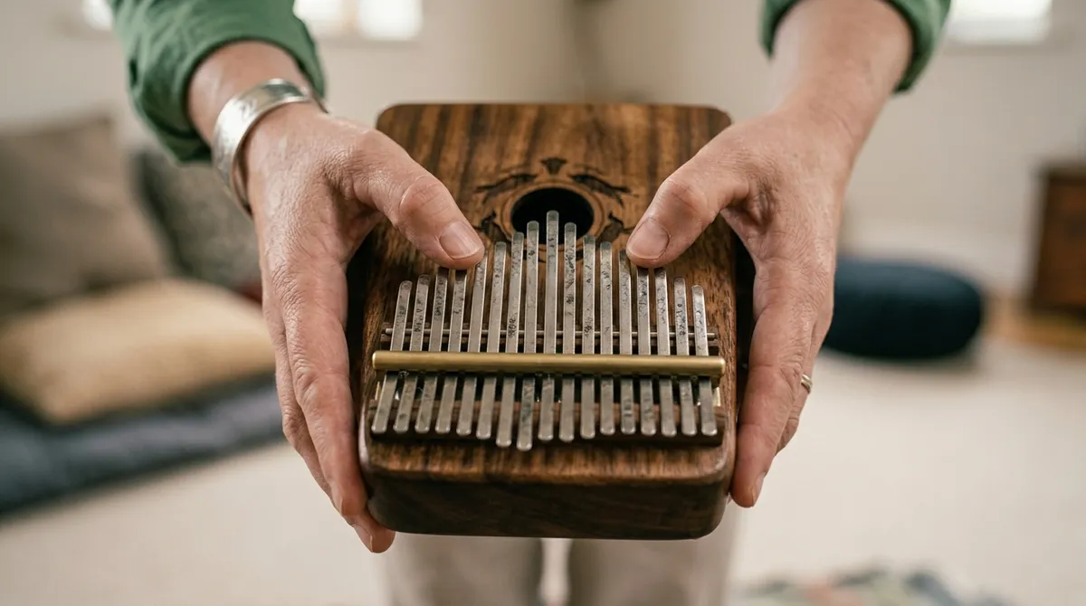 Manos sosteniendo kalimba de madera oscura mostrando el layout intercalado de teclas metálicas en primer plano