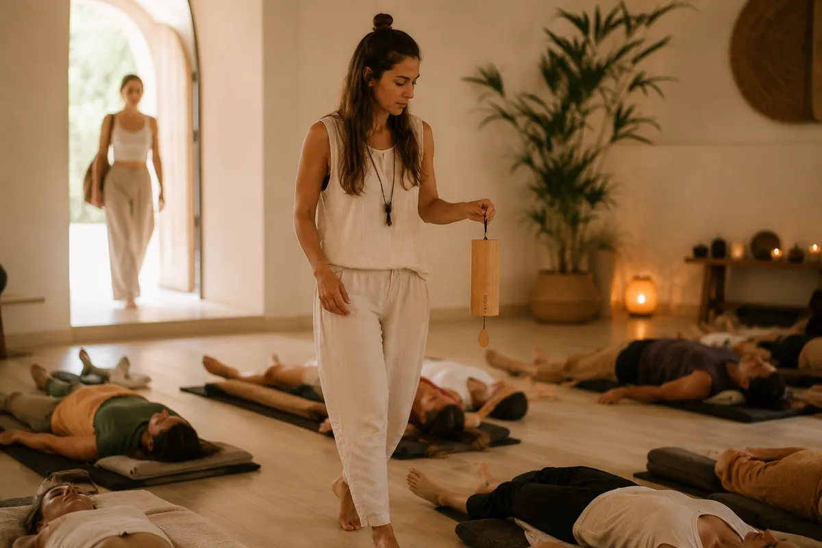 Facilitadora sosteniendo un Koshi chime mientras camina entre un grupo tumbado en sesión de sound healing
