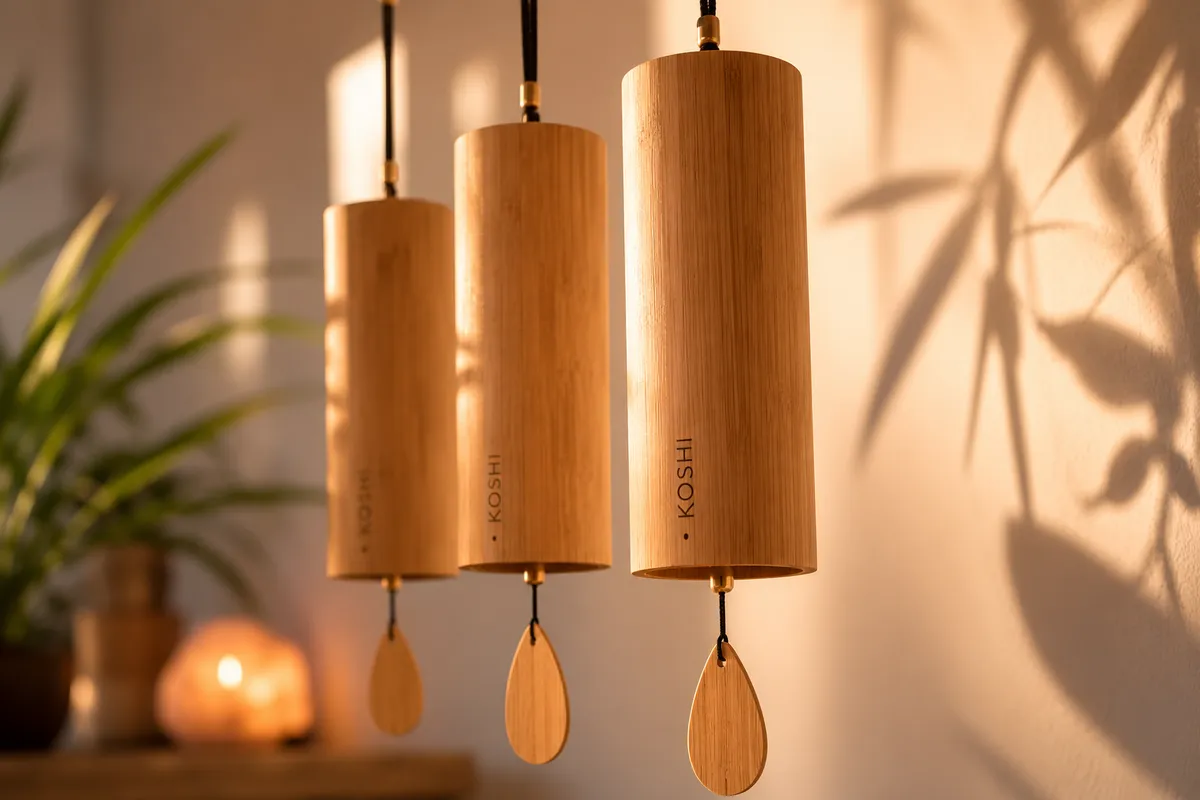 Tres Koshi chimes de bambú de distintos tamaños colgando uno junto al otro, etiquetados KOSHI