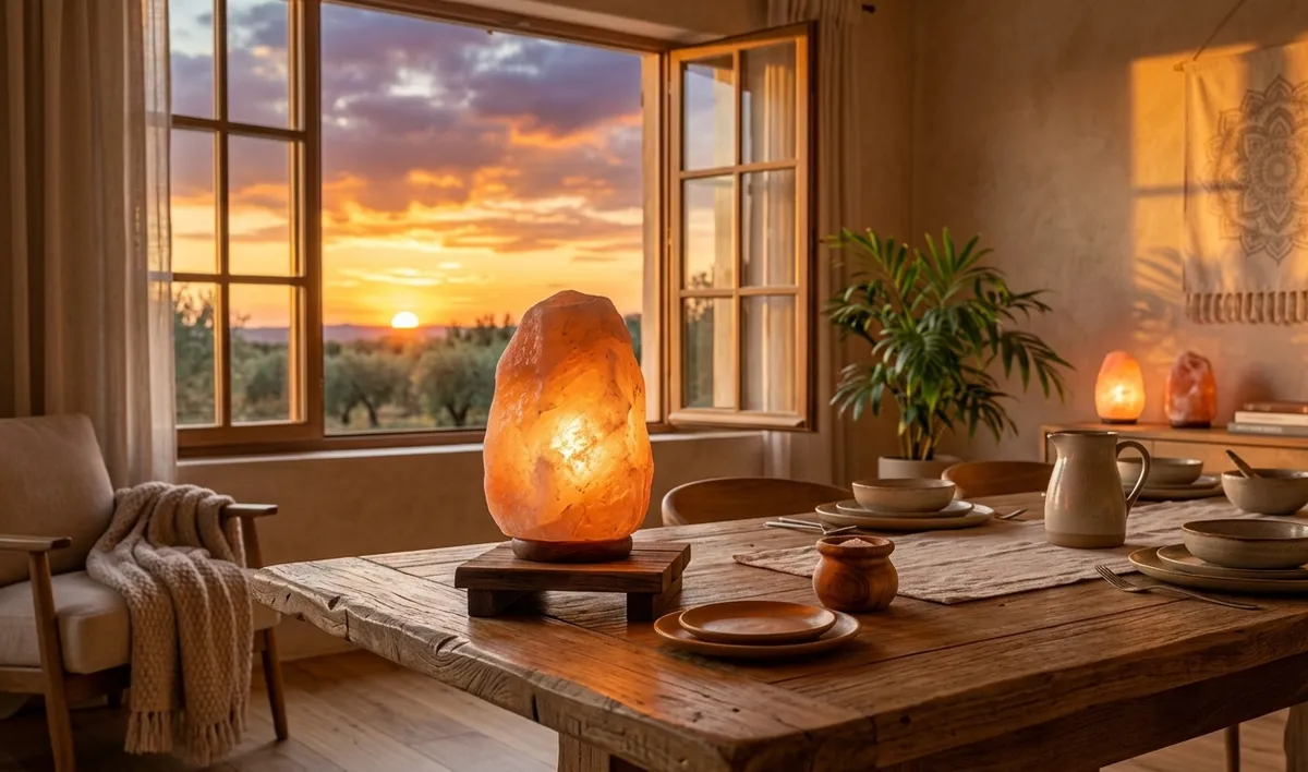 Lámpara de sal del Himalaya en mesa de sala con vistas al atardecer y ambiente cálido