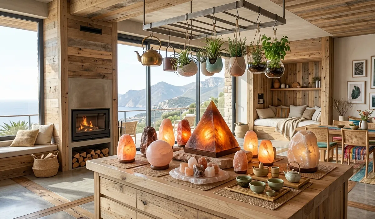 Colección de lámparas de sal del Himalaya de distintos tamaños y formas sobre mesa de madera