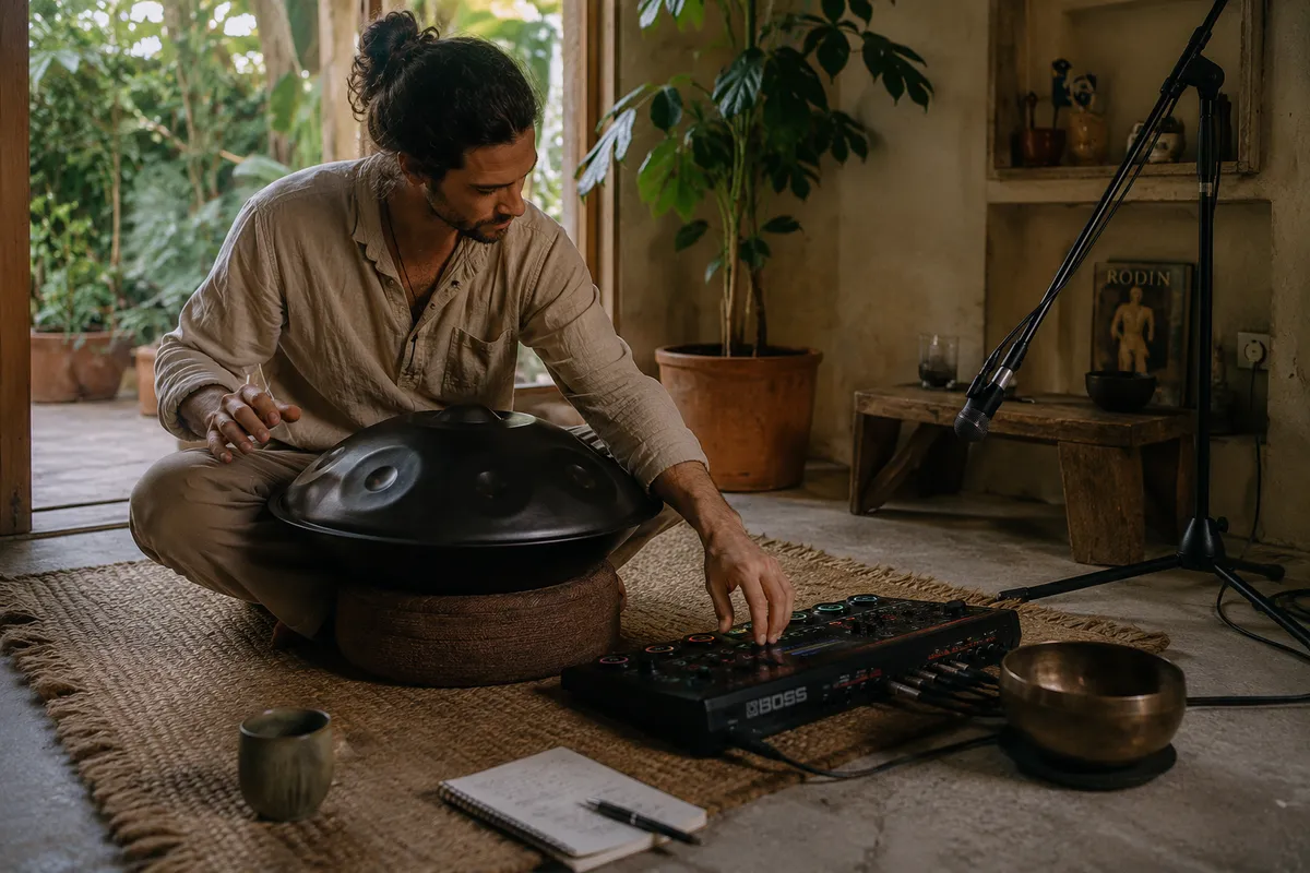 Músico sentado con handpan y Boss RC-505 en sala con luz natural y plantas