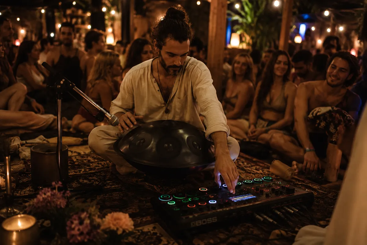 Músico tocando handpan con Boss RC-505 en directo ante audiencia en evento holístico