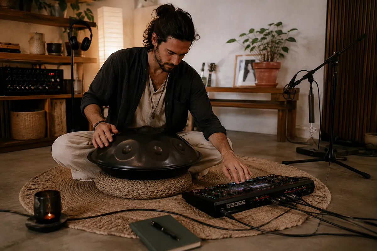 Setup nocturno de live looping con handpan y Boss RC-505 iluminado por vela en sala íntima