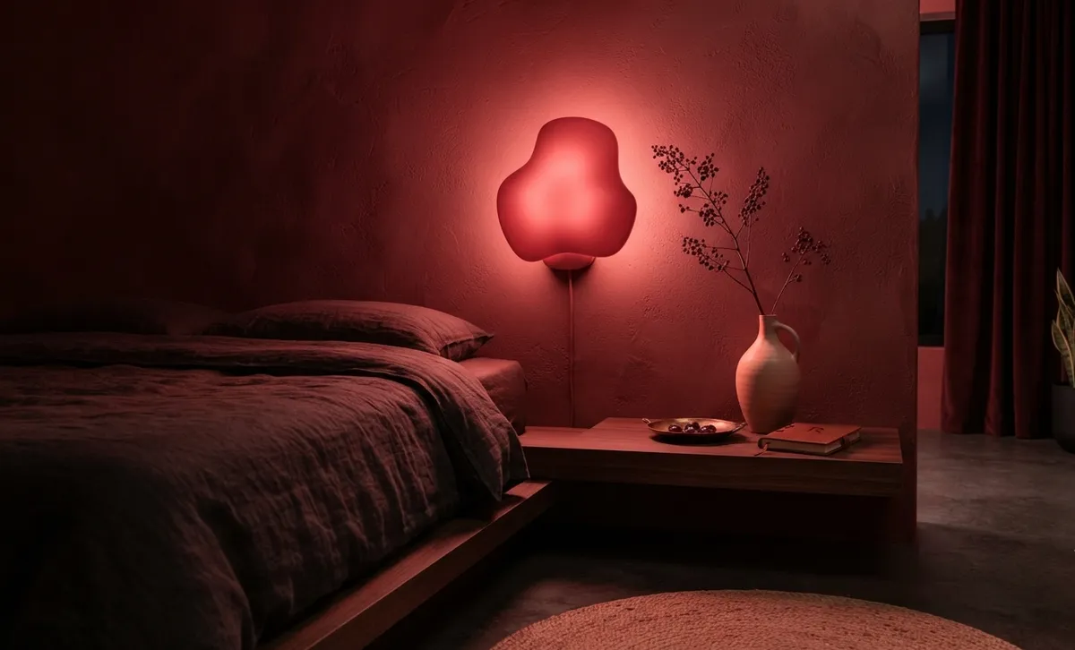 Dormitorio minimalista con lámpara de pared roja y ropa de cama de lino