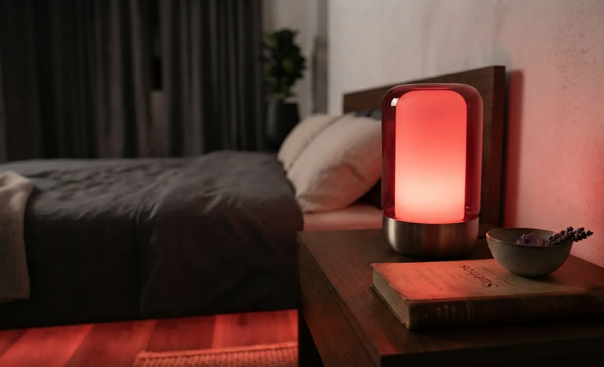 Lámpara de luz roja en mesita de noche con dormitorio oscuro al fondo
