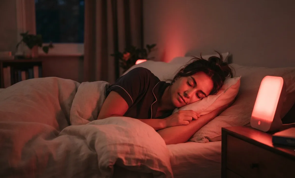 Mujer durmiendo con lámpara de luz roja en mesita de noche