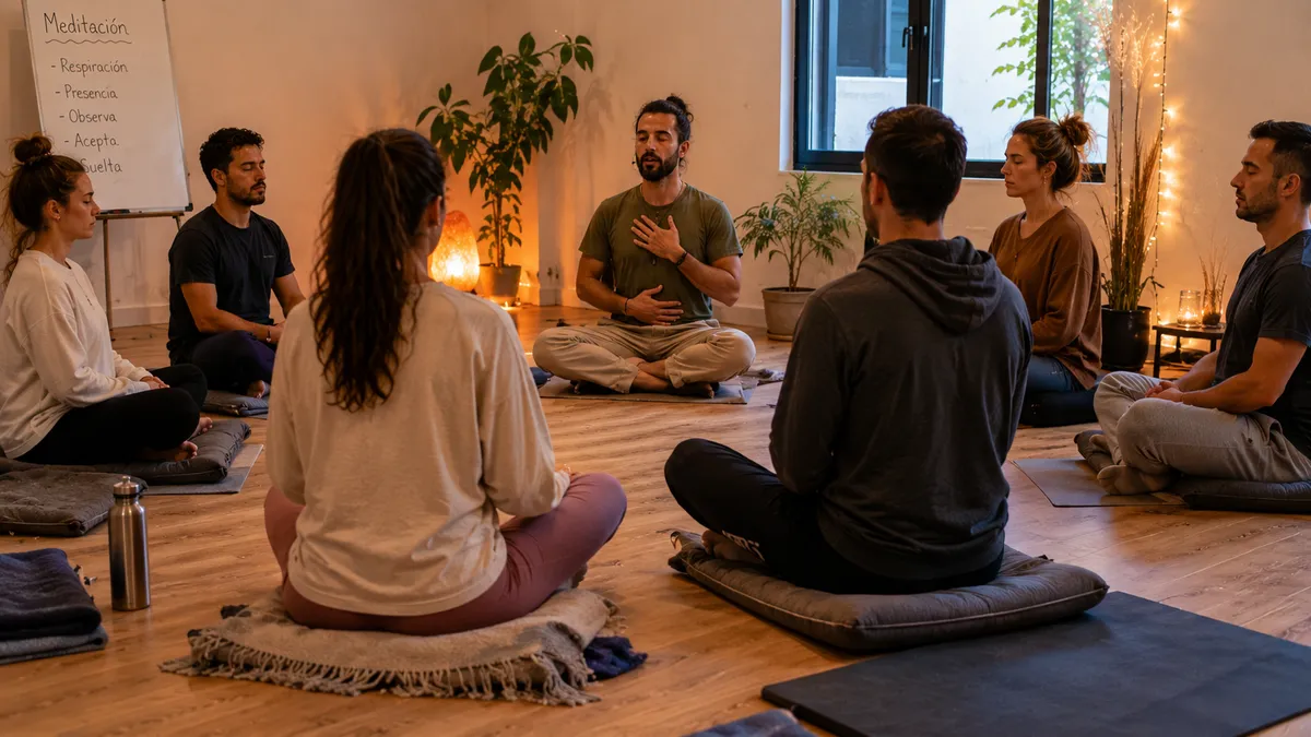 Facilitador explicando técnicas de meditación consciente a grupo sentado en círculo
