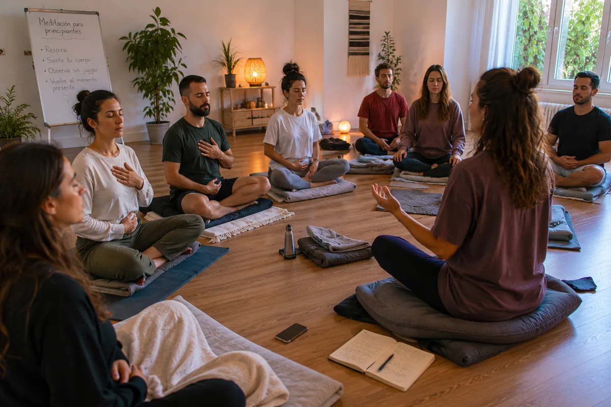 Facilitadora guiando una sesión de meditación para principiantes con grupo en sala