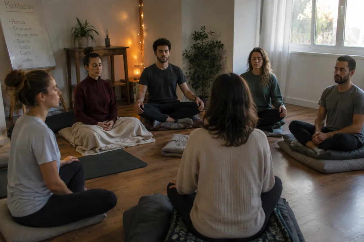 Grupo de principiantes meditando en círculo sobre cojines en sala de meditación mindfulness
