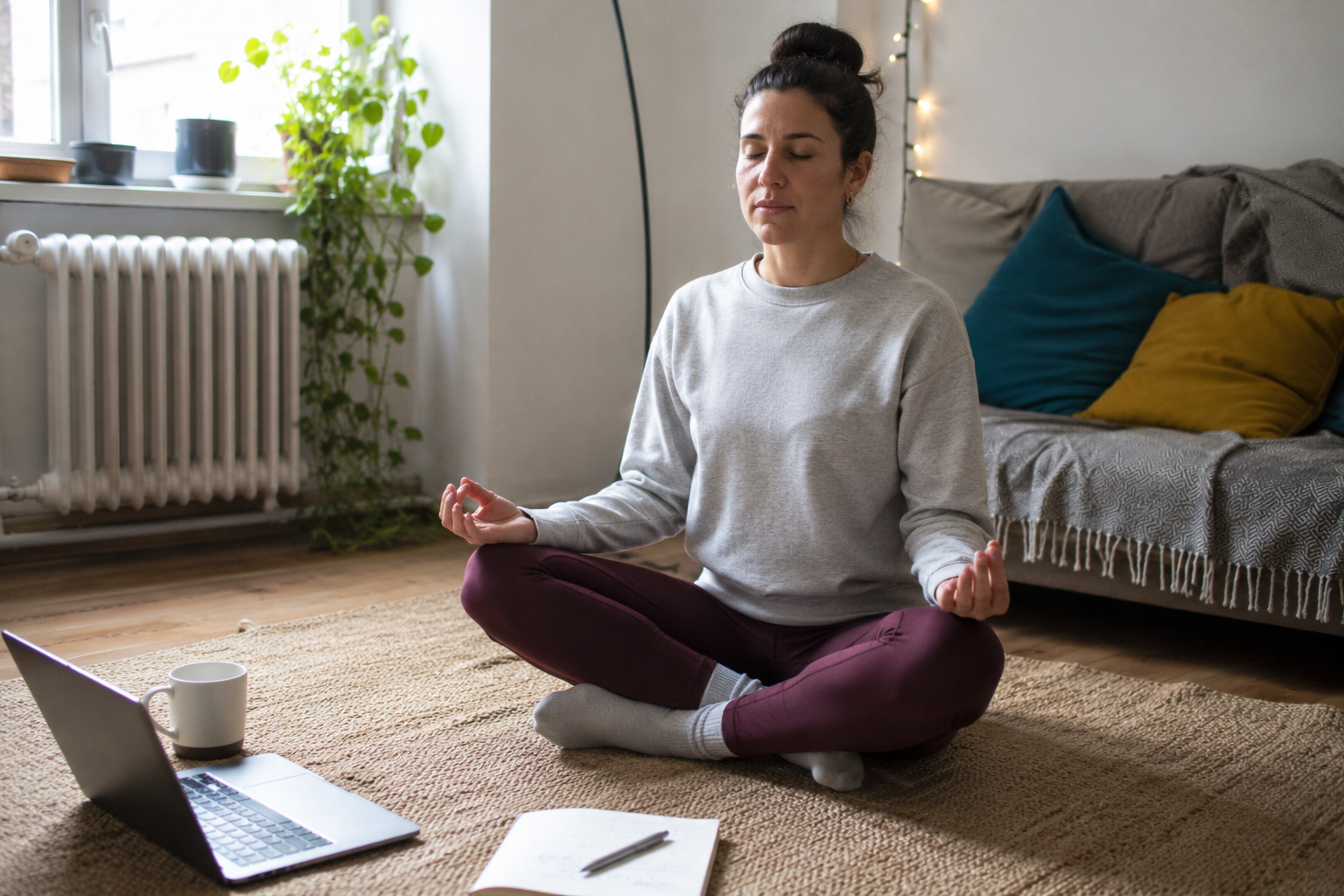 Mujer practicando meditación para principiantes en casa, sentada en postura de loto en el suelo