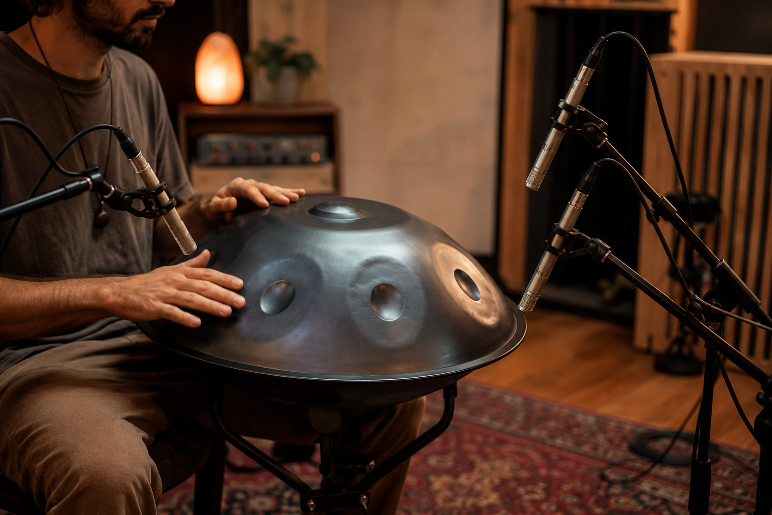 Grabación de handpan en estudio con dos micrófonos condensadores en par estéreo