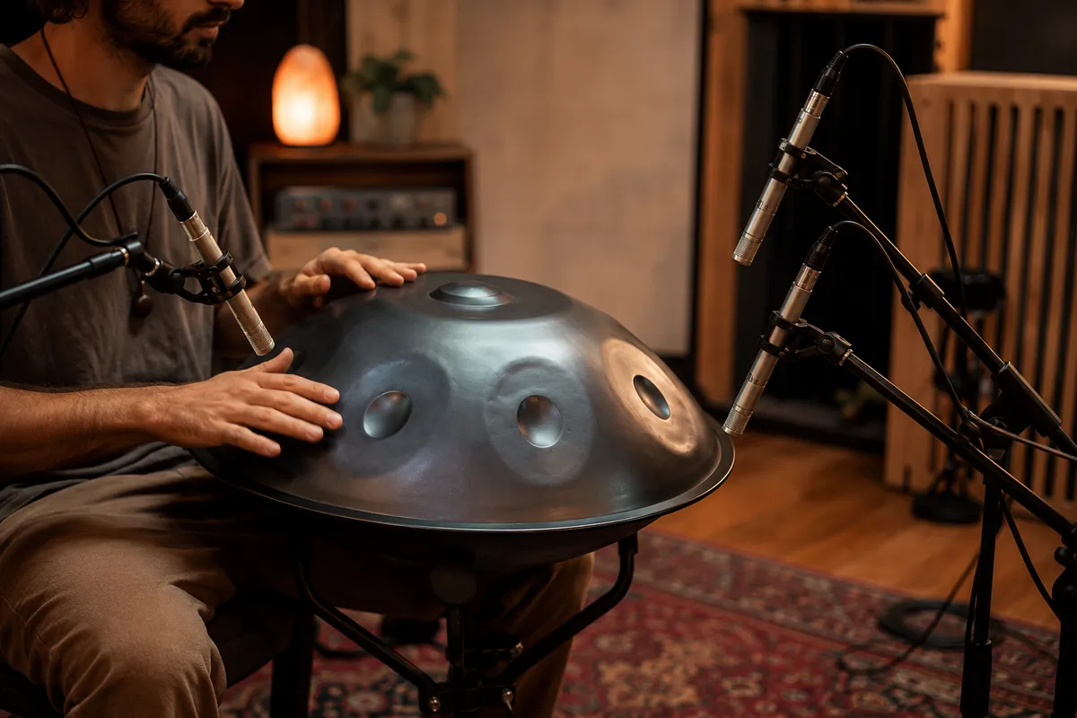 Grabación de handpan en estudio con dos micrófonos condensadores en par estéreo