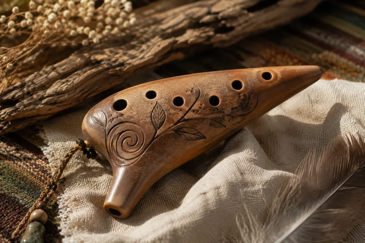 Ocarina de cerámica tallada con motivos florales, sobre tela de lino con plumas y flores secas
