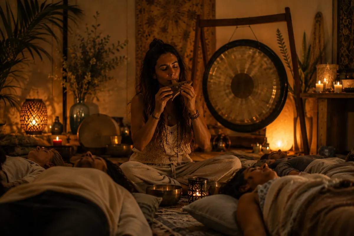 Facilitadora tocando ocarina ante un grupo tumbado en sesión de sound healing, con gong y cuencos tibetanos alrededor
