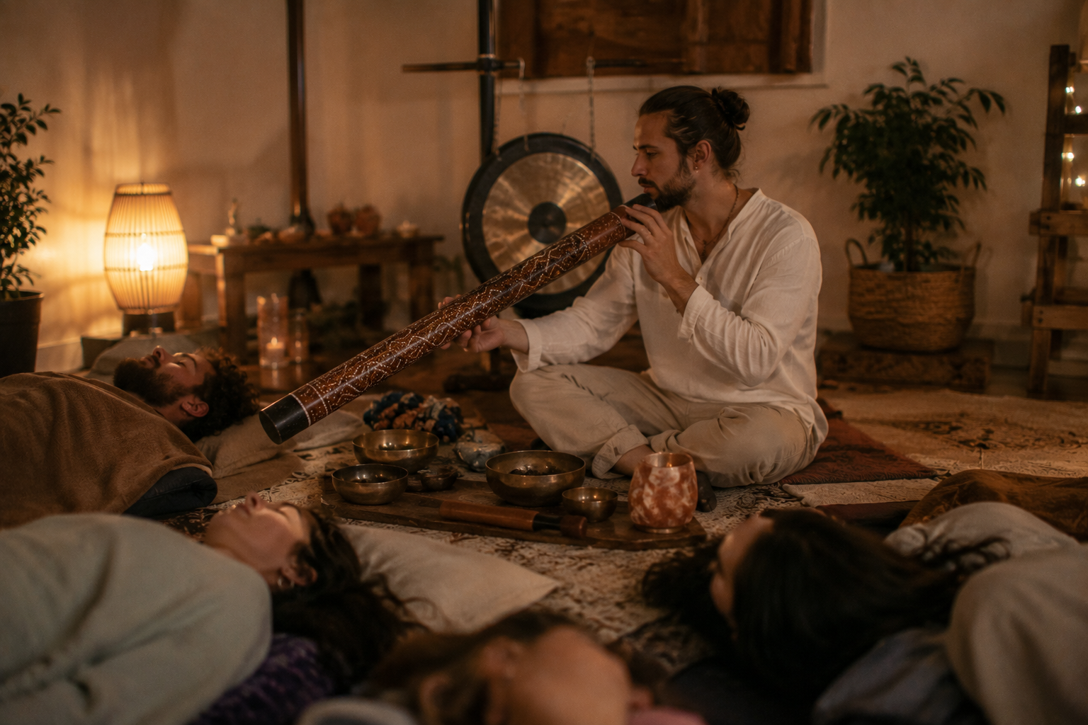 Facilitador usando el palo de lluvia durante sesión de sound healing con personas tumbadas en el suelo y gong al fondo