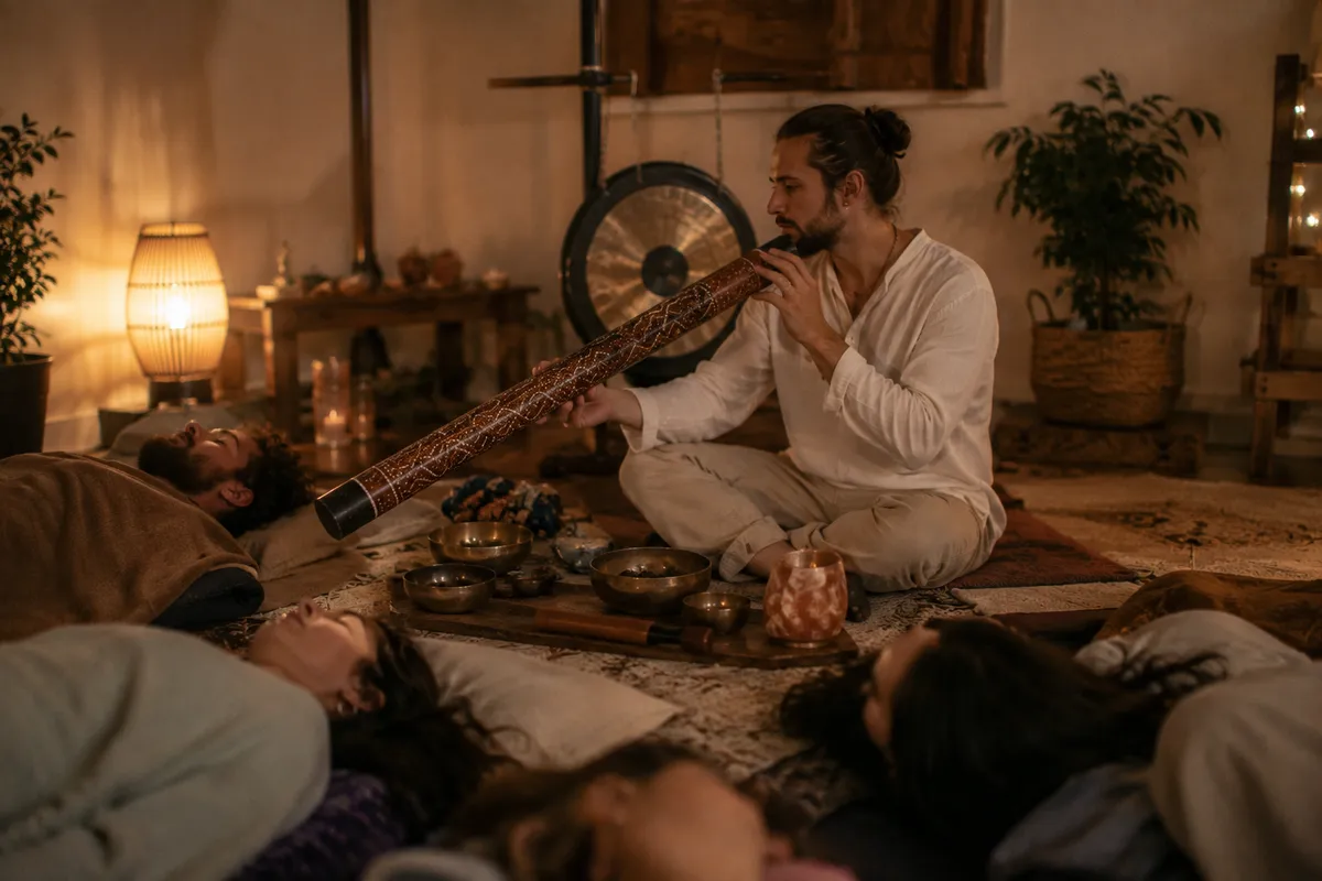 Facilitador usando el palo de lluvia durante sesión de sound healing con personas tumbadas en el suelo y gong al fondo