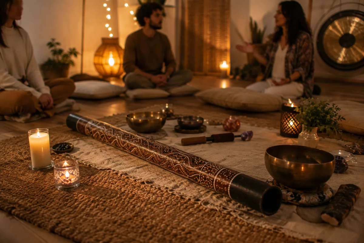 Palo de lluvia en primer plano con grupo de personas meditando en círculo al fondo en sala con velas y gong, ambiente cálido