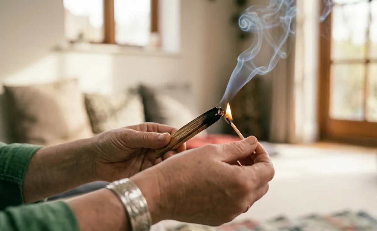 Manos encendiendo un palito de palo santo con mechero, humo blanco en interior cálido