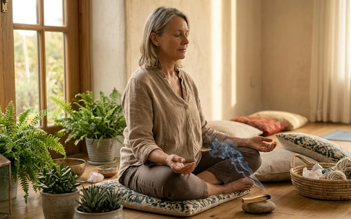 Mujer meditando en posición de loto con palito de palo santo encendido humeando, rodeada de plantas en interior cálido